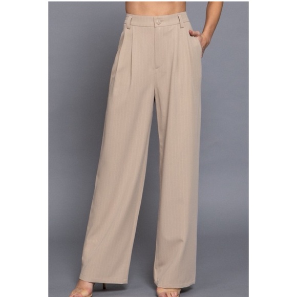 873 • Beige & White Pinstriped High Waist Wide Leg Trousers - Picture 1 of 3